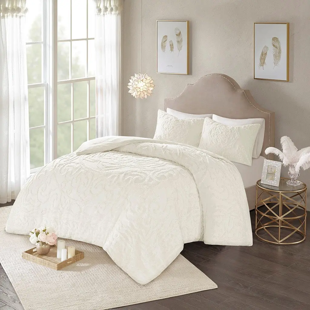 3 Piece Tufted Cotton Chenille Medallion Duvet Cover Set Queen Off White Bedding jla