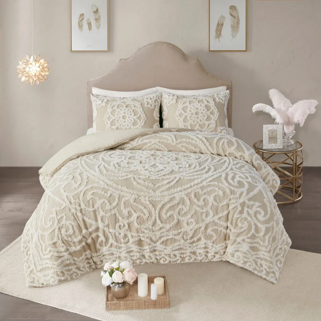3 Piece Tufted Cotton Duvet Cover Set Queen Taupe Cotton Bedding jla