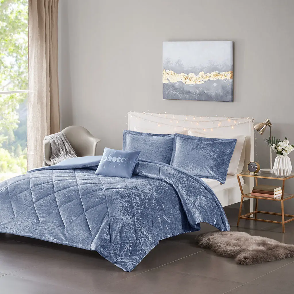 Velvet Duvet Cover Set Full Size Blue Polyester jla