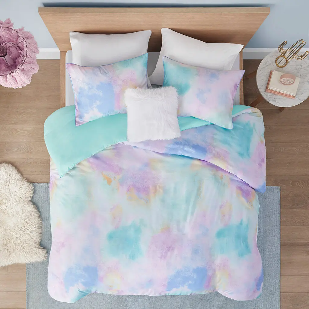 Watercolor Tie Dye Printed Duvet Cover Set Throw Pillow Twin Aqua jla