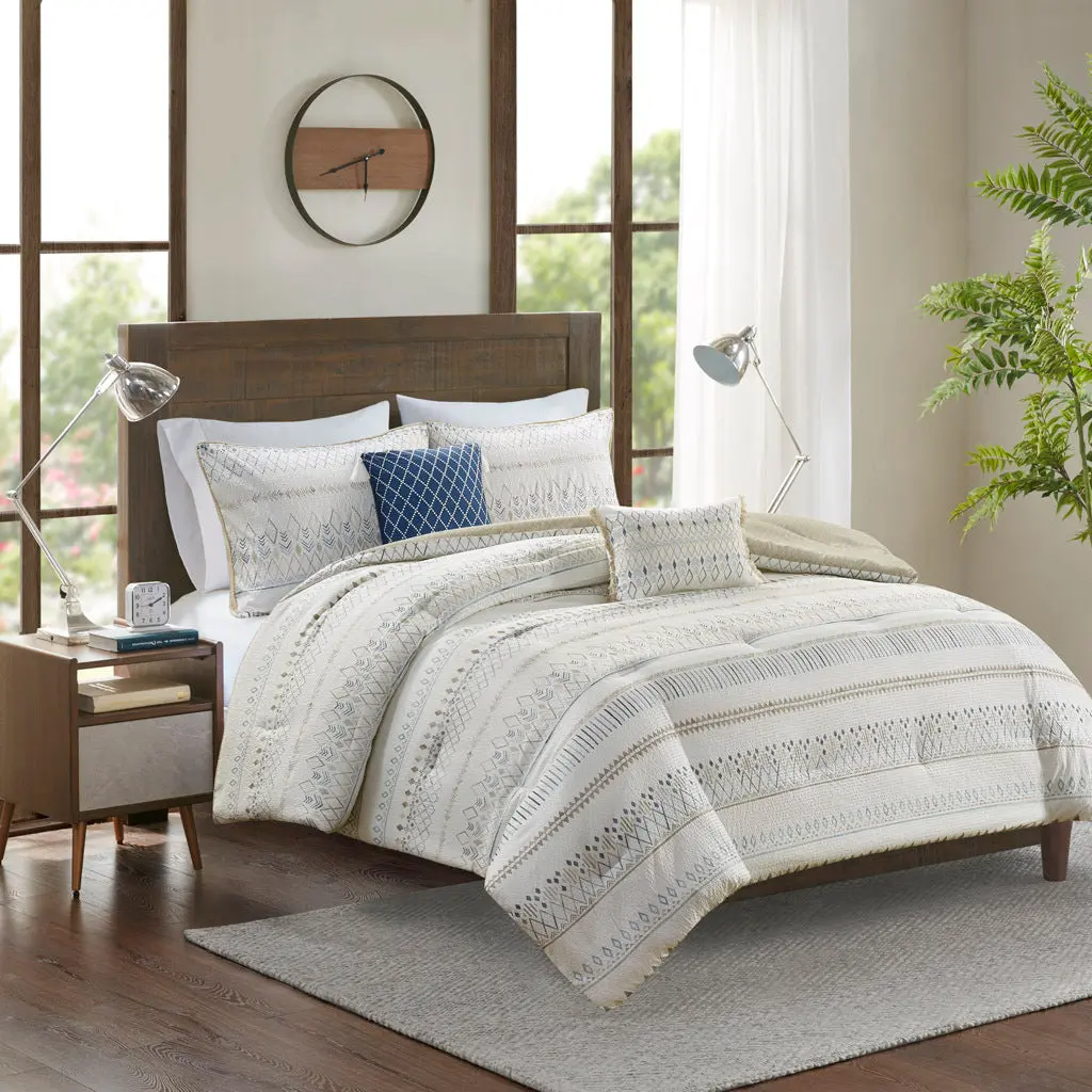 5 Piece Printed Seersucker Easeer Set Throw Pillows Taupe Blue jla