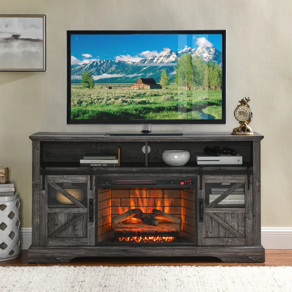 60 Inch Electric Fireplace Entertainment Center Door Sensor Dark Finish cambridge electrical manufacturing