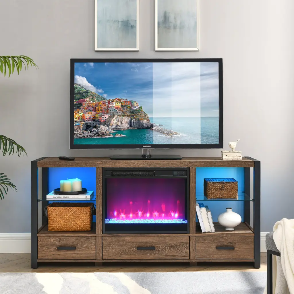 60 Inch Electric Fireplace Media TV Stand Sync Colorful LED Lights cambridge electrical manufacturing