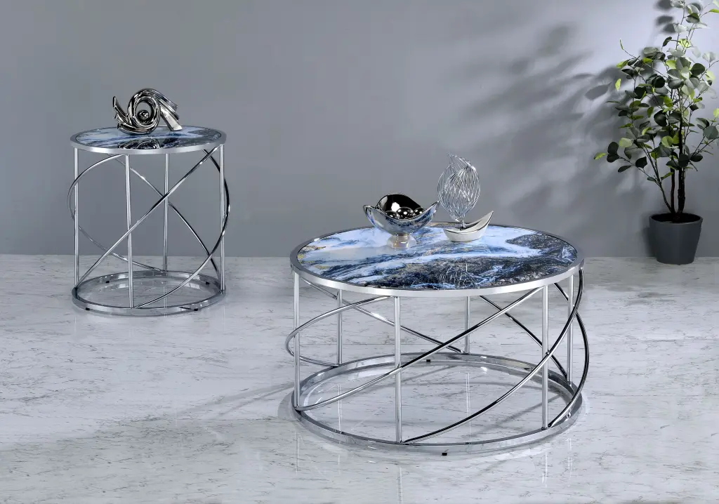 Lyda End Table Blue Marble Print Chrome Finish Metal Side Table Nightstand acme onsite store