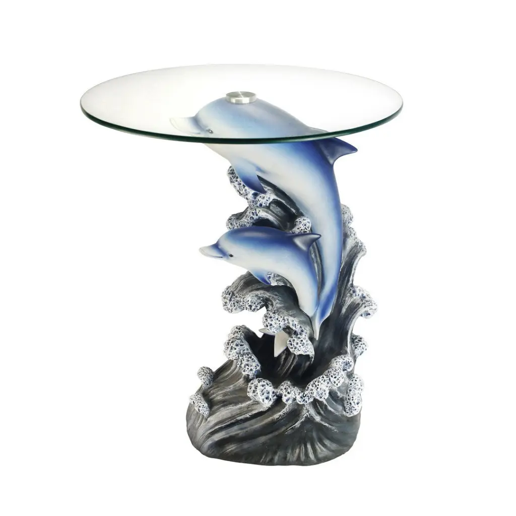 24 Inch Tall Glass Top End Table Polyresin Dolphin Base Multicolor california home