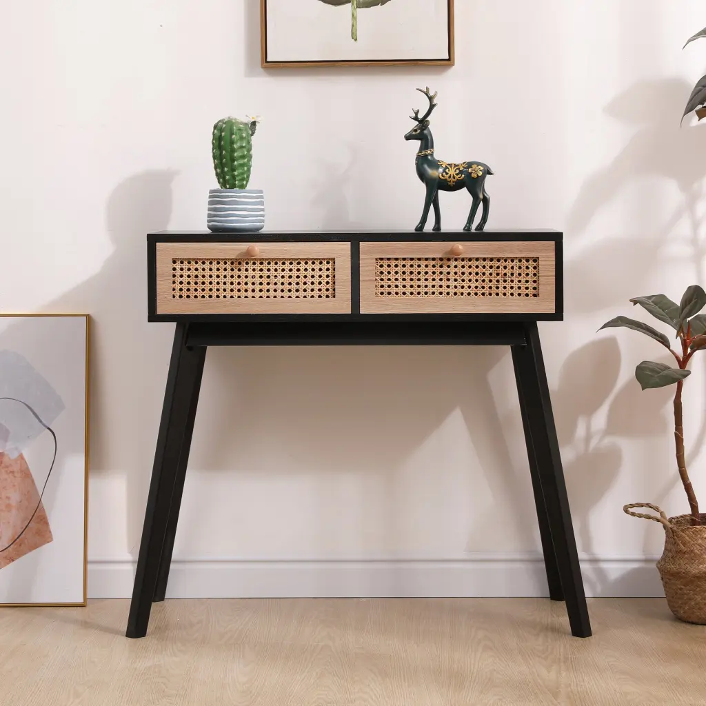 Side Table Two Real Rattan Drawers Solid Wood Table Legs Multi Functional End Table casadear