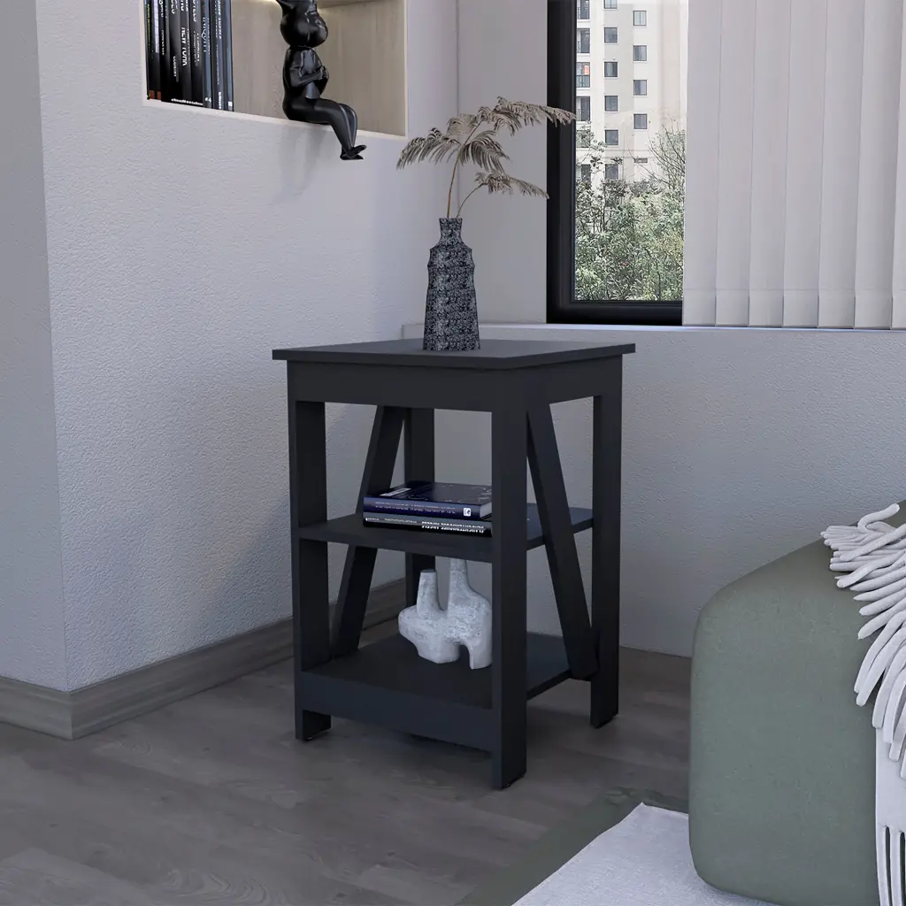 Clio Auxiliary Table, Two Shelves Black Primary Living Space Pine fm furniture