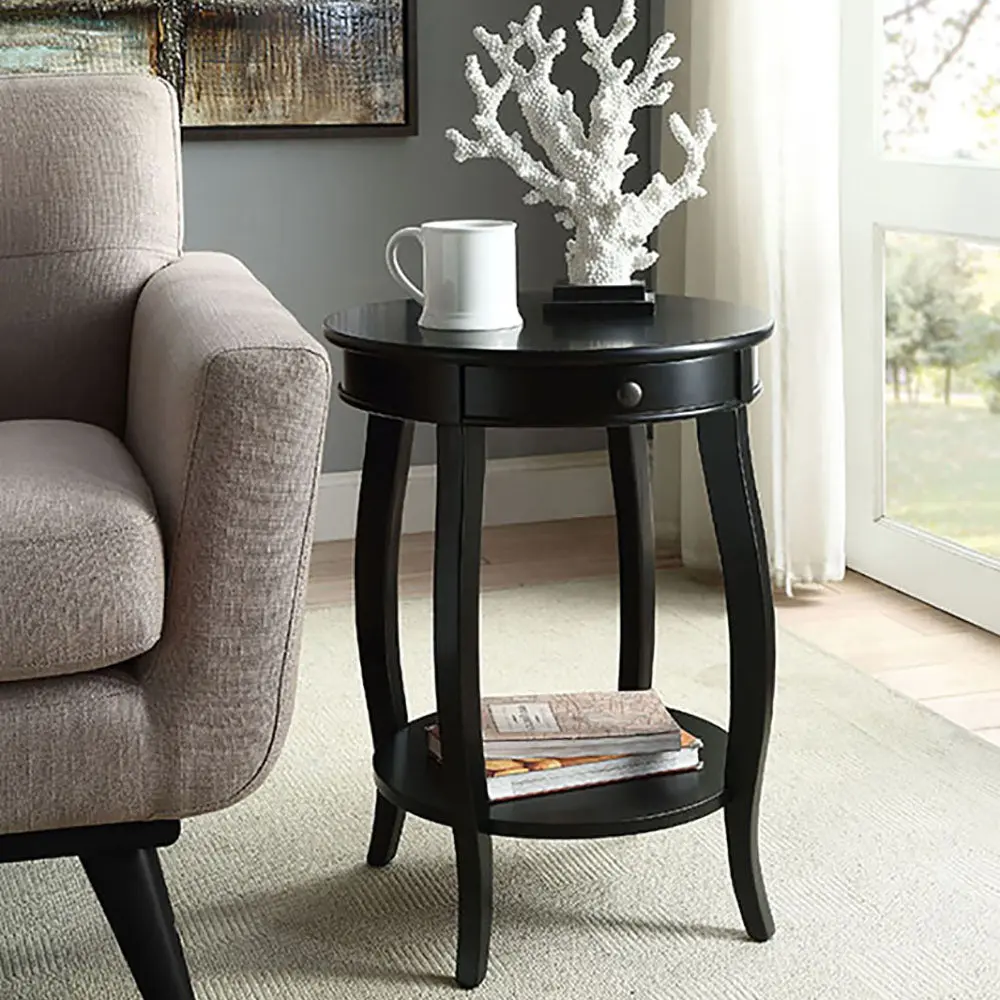 Black End Table 1 Drawer Round Primary Living Space Side Table furniture max