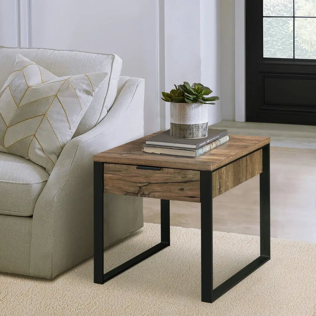 Weathered Oak and Black End Table 1 Drawer Living Room furniture max