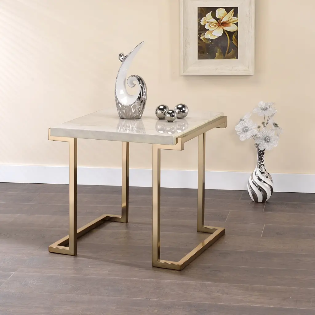 White and Champagne Sled Base End Table Living Room Spaces furniture max
