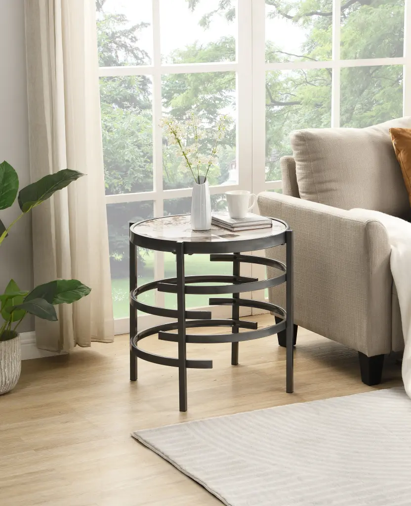 Elegant Pandora Sintered Stone End Table, Darker Gray Small Coffee Table Living Room ghn