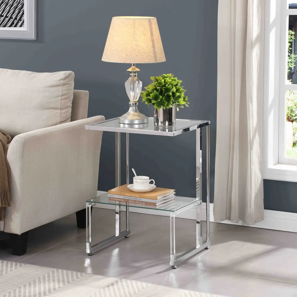 Silver Chrome Side Table 2 Tier Acrylic Glass End Table Living Room ghn