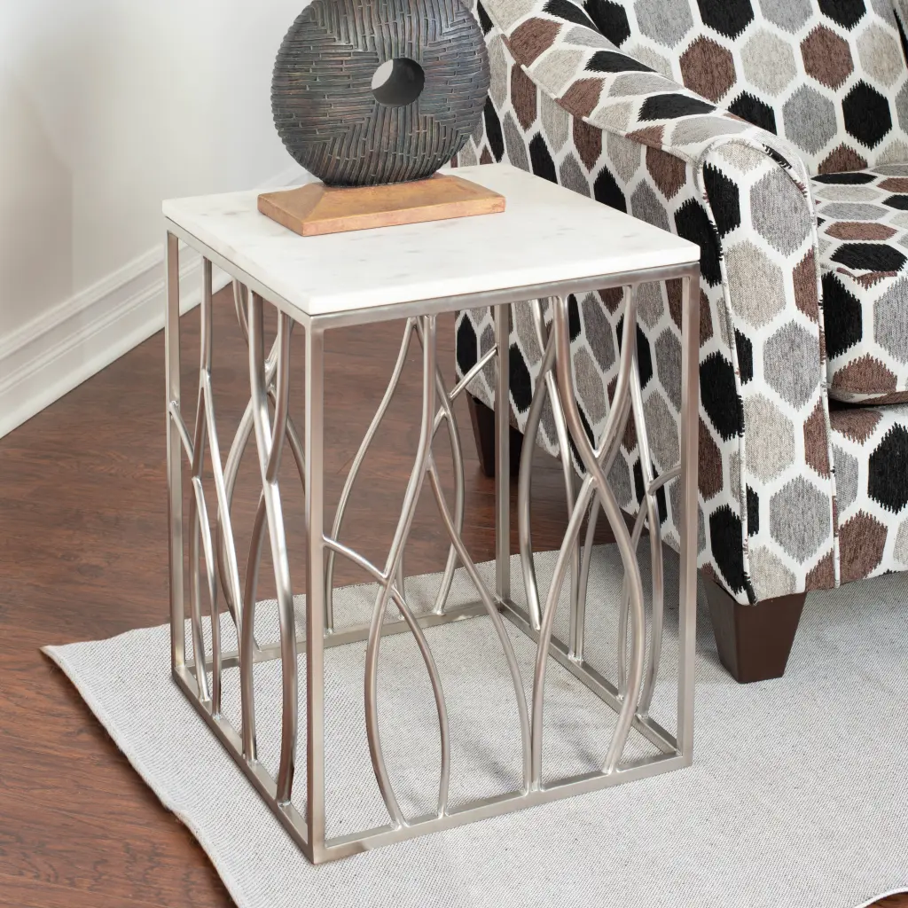 Kameral Square Marble End Table Stainless Steel Base White Marble hz