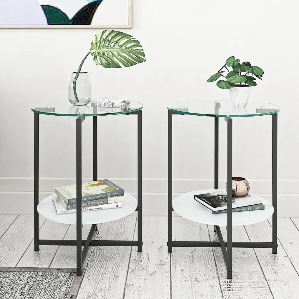 2 Piece Set Clear Tempered Glass End Table Round Coffee Table Bedroom jws-w241