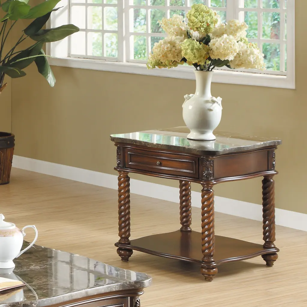 Traditional Formal Marble Top End Table Drawer Lower Shelf Mahogany Finish kanepe