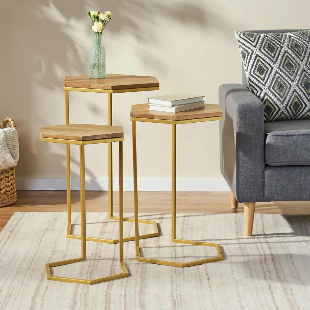 End Table Set 3 Natural Wood Metal Side Tables Living Room nh-cloudhouse