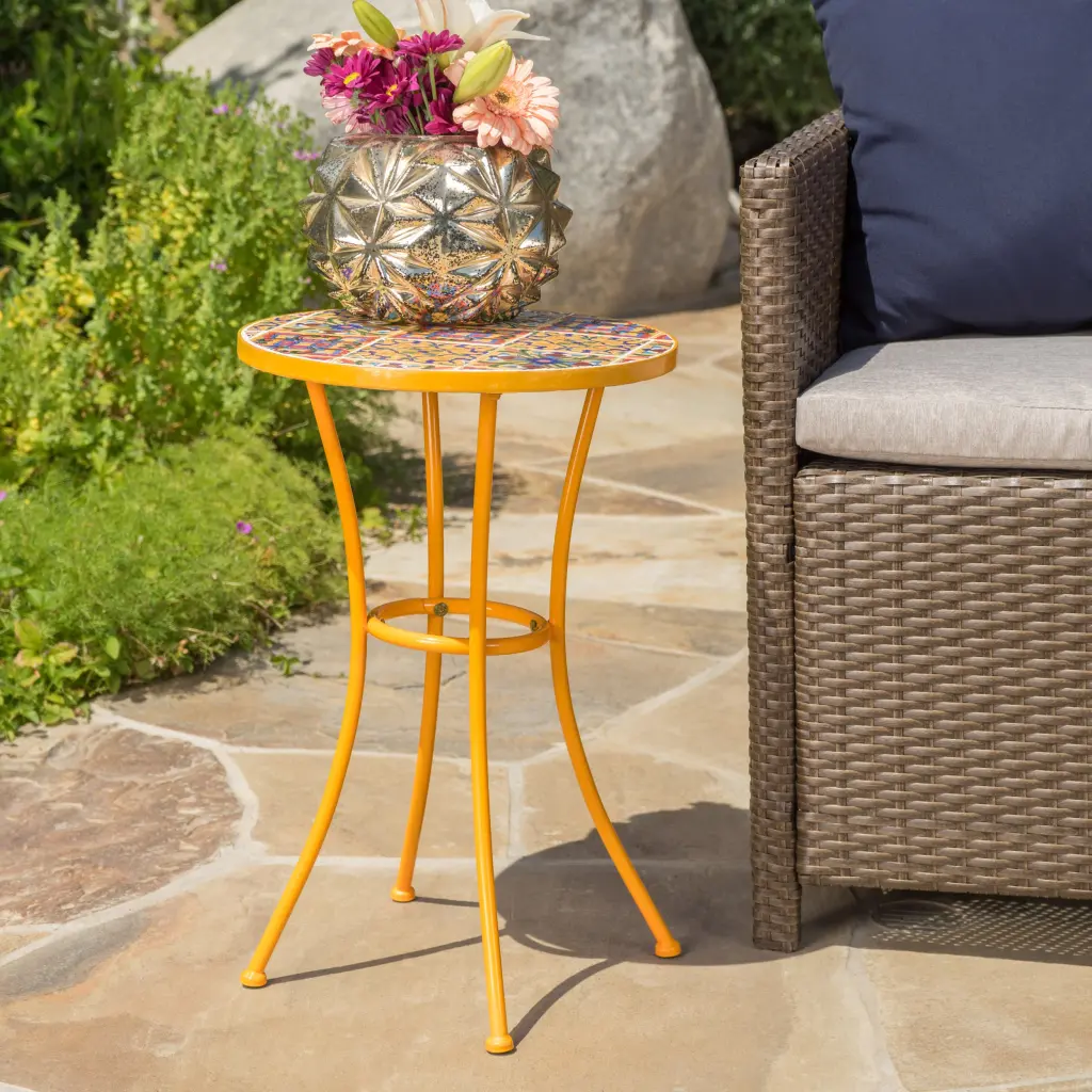 Barnsfield End Table Yellow Ceramic Tile Top Iron Frame nh-gardenpara