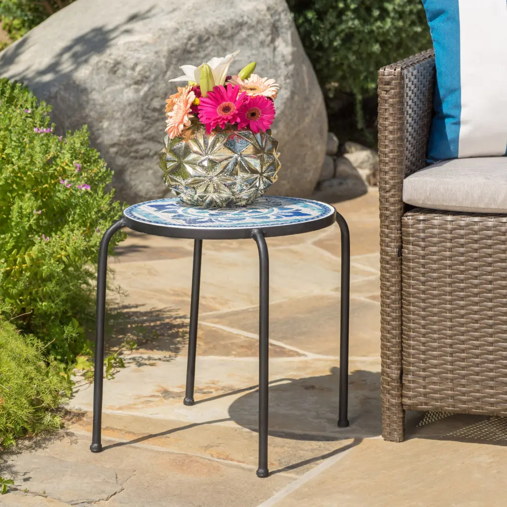 Skye End Table White Blue Ceramic Tile Iron Accent Table Living Room nh-gardenpara