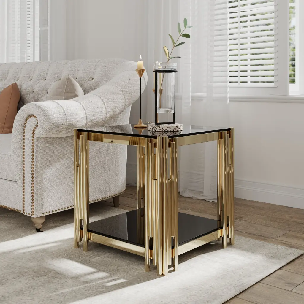 20 Inch Wide Square End Table Black Glass Top Golden Stainless Steel Frame rnb