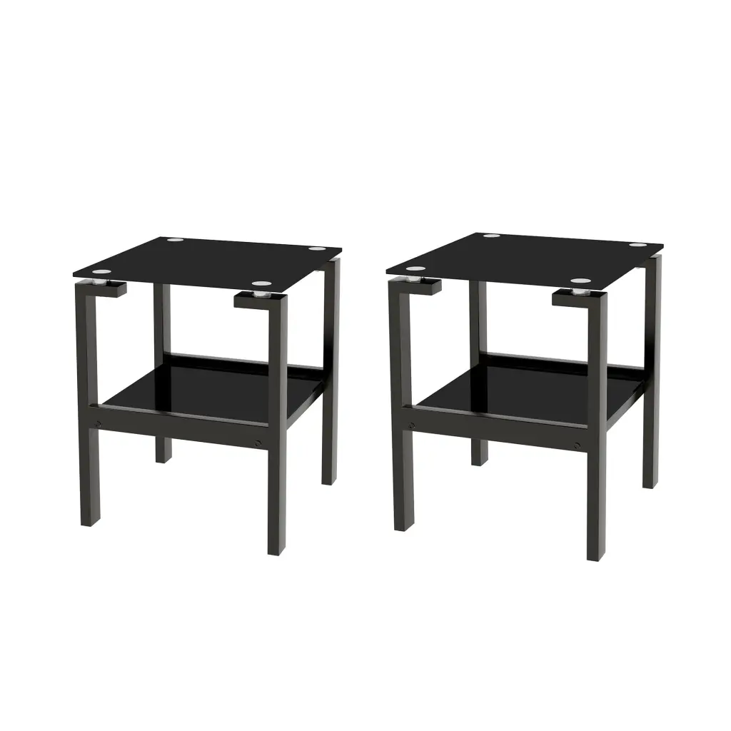 2 Piece Black Tempered Glass End Table Set 2 Layer Storage rnb