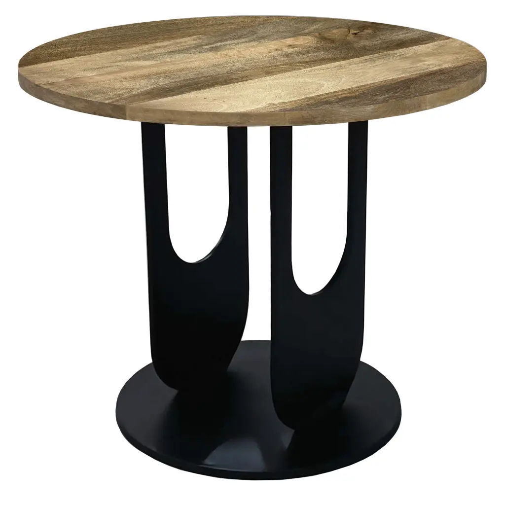 22 Inch Round Side End Table Natural Mango Wood Top Black Iron U Shape Base royal hampton
