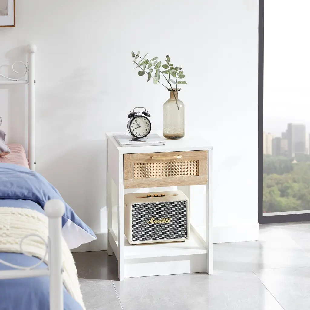 15.75 Inch Rattan End Table Drawer Modern Nightstand sya furniture