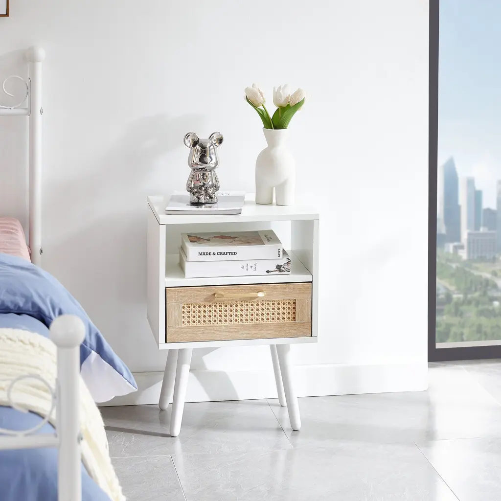 15.75 Inch Rattan End Table Drawer and Solid Wood Legs Modern Nights sya furniture