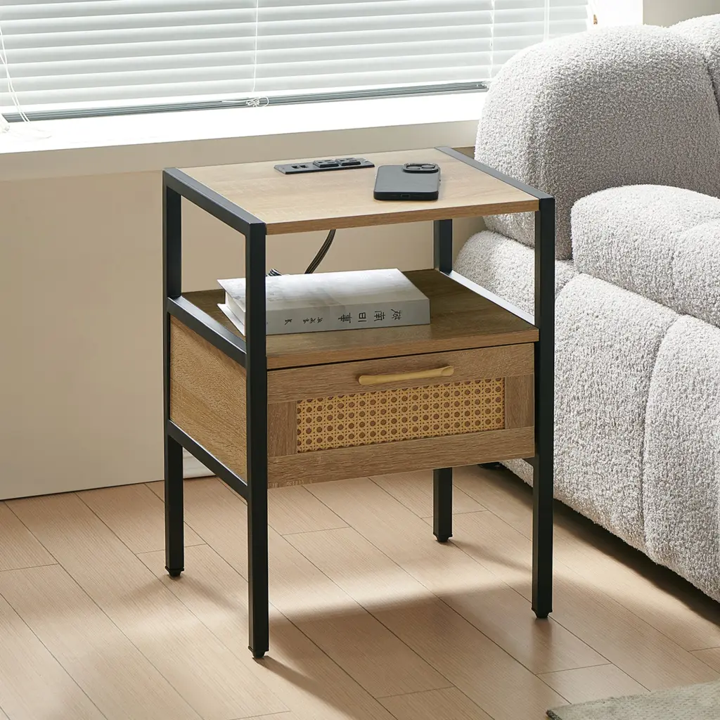 15.75 Inch Rattan End Table Power Outlet and USB Ports Modern Nightstand Bedside Table sya furniture