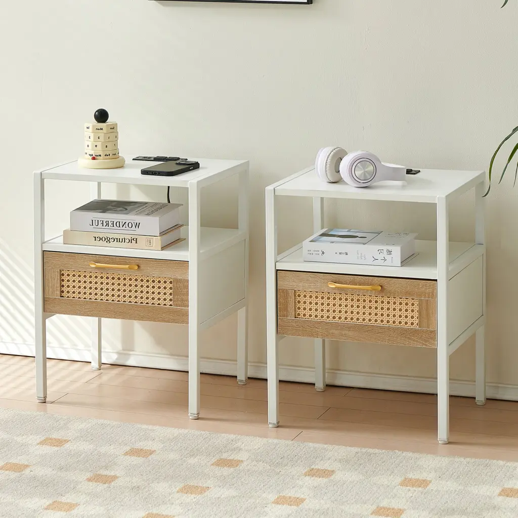 Set 2 Modern 15.75 Inch Rattan End Tables Power Outlet and USB Ports sya furniture