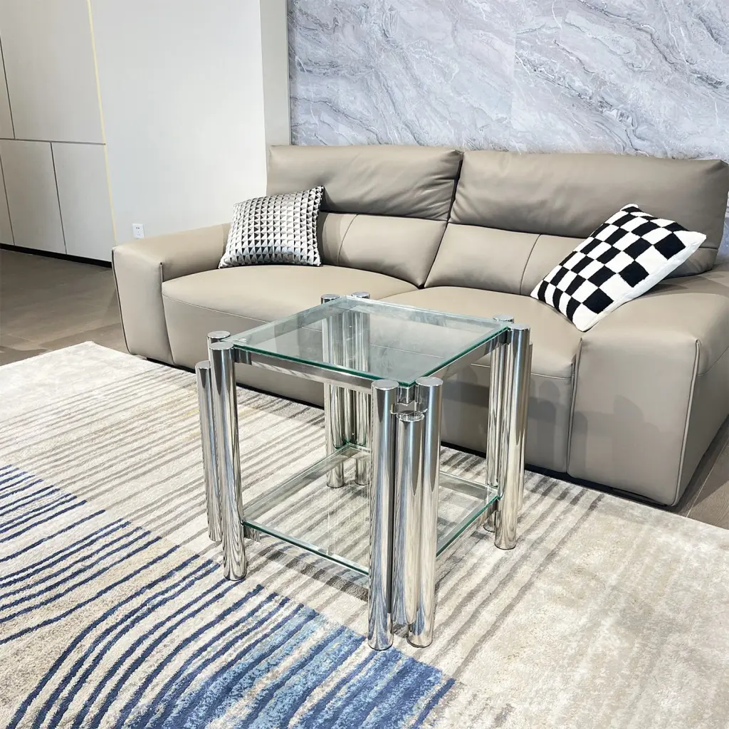 Silver Stainless Steel Double Layer Clear Tempered Glass End Table Living Room t2949
