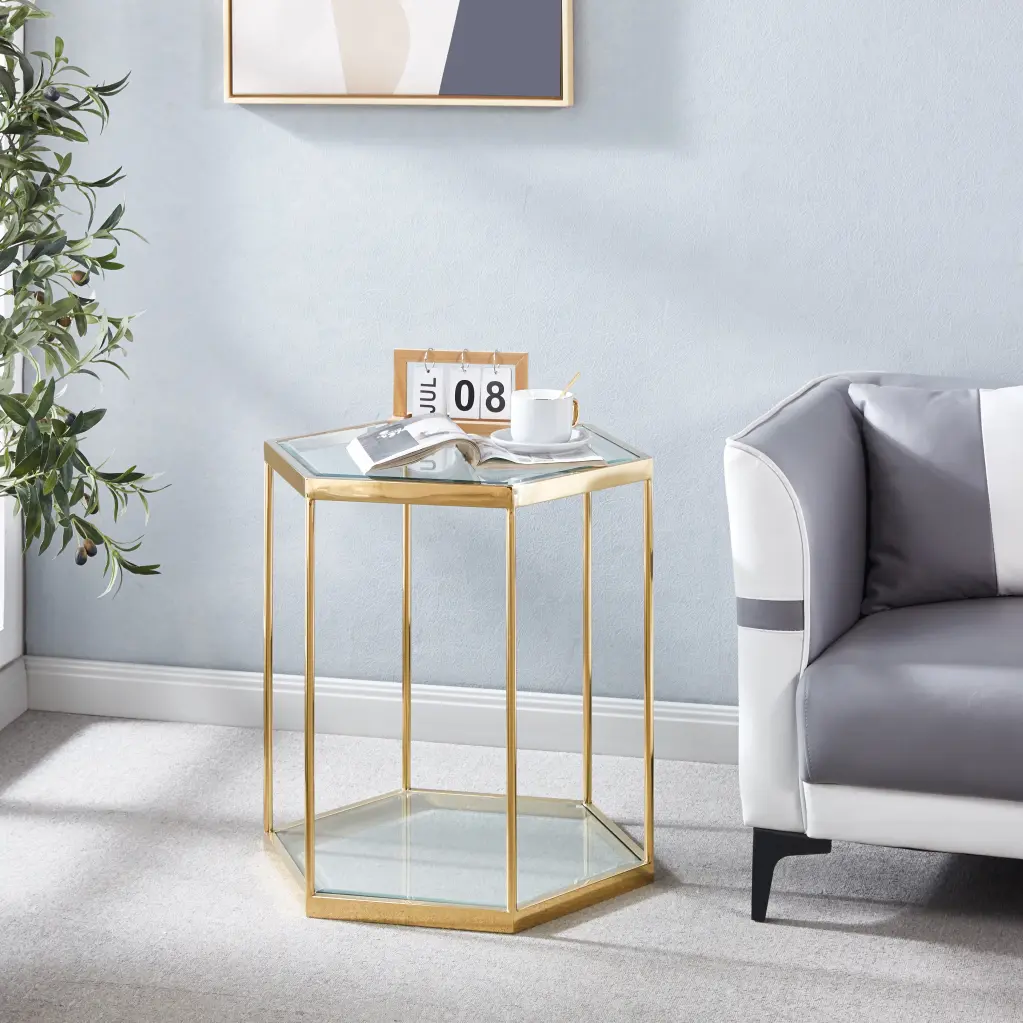 Modern Glass End Table Gold Finish Stainless Steel Frame w1241 artisan furniture
