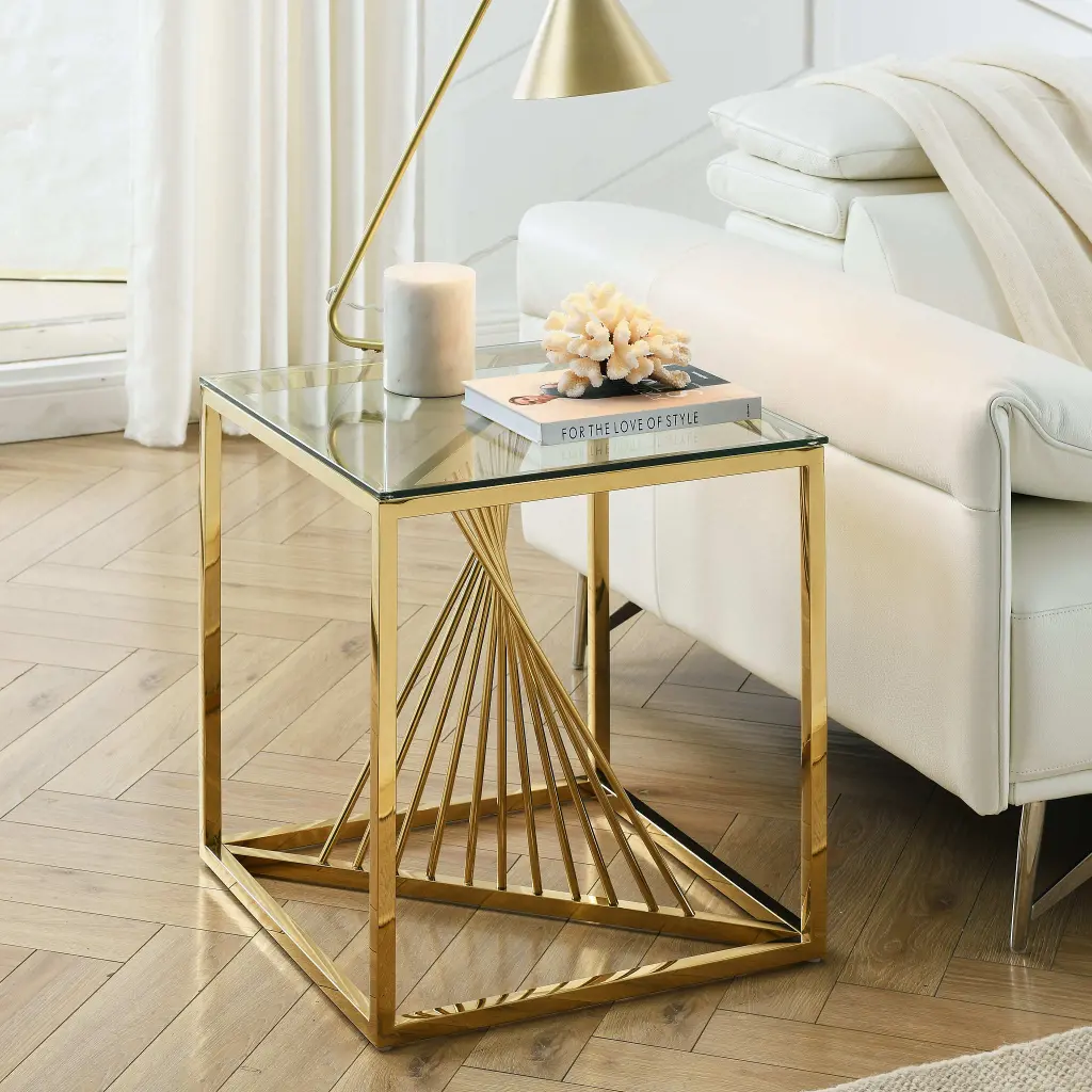 20 Inch Modern Glass End Table Geometric Metal Frame Accent Table woker furniture