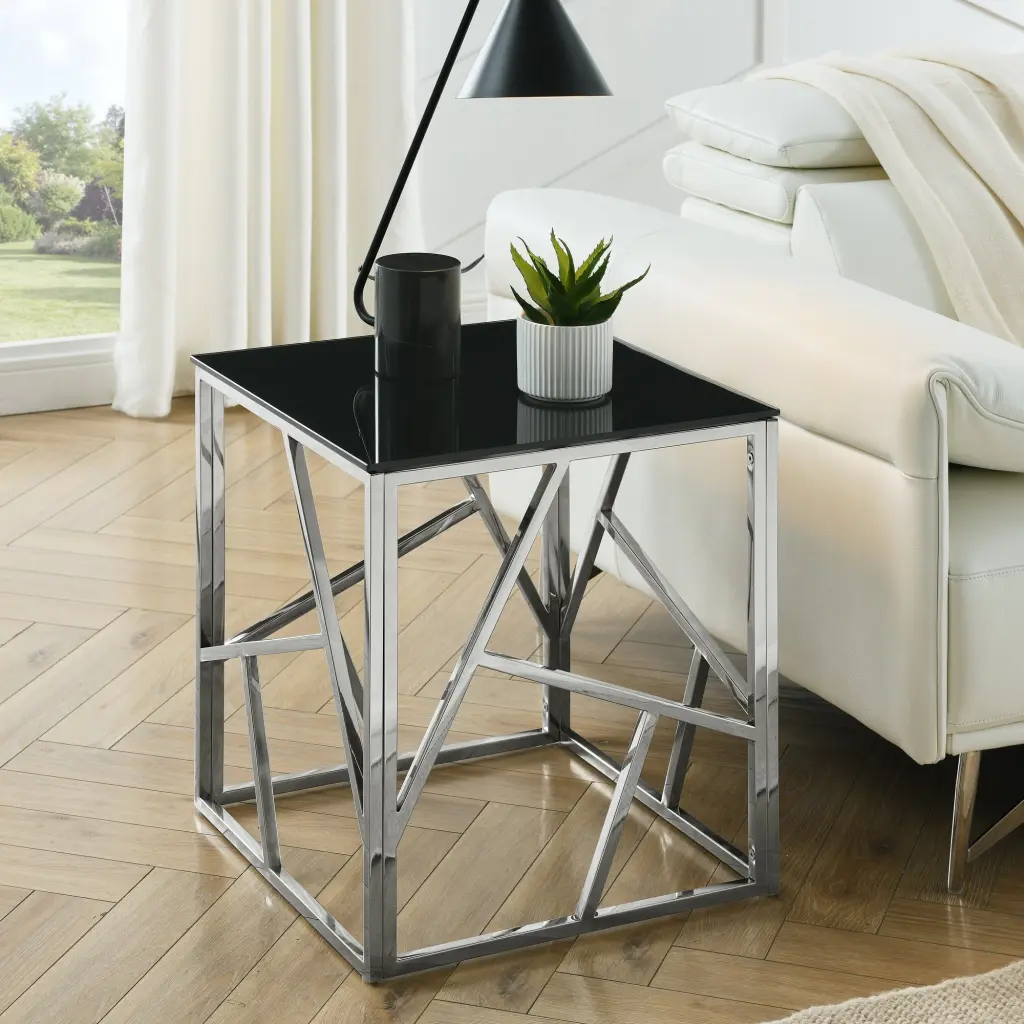20 Inch Modern Glass End Table Geometric Metal Frame Accent Table woker furniture