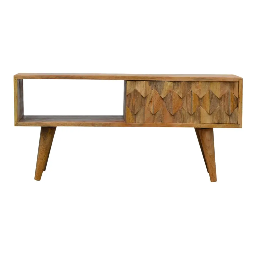 Pineapple Carve Sliding Media Unit Oak Wood Rattan artisan furniture
