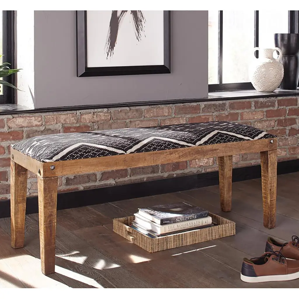 Black And White Upholstered Bench Cotton Blend Entryway Seating furniture max