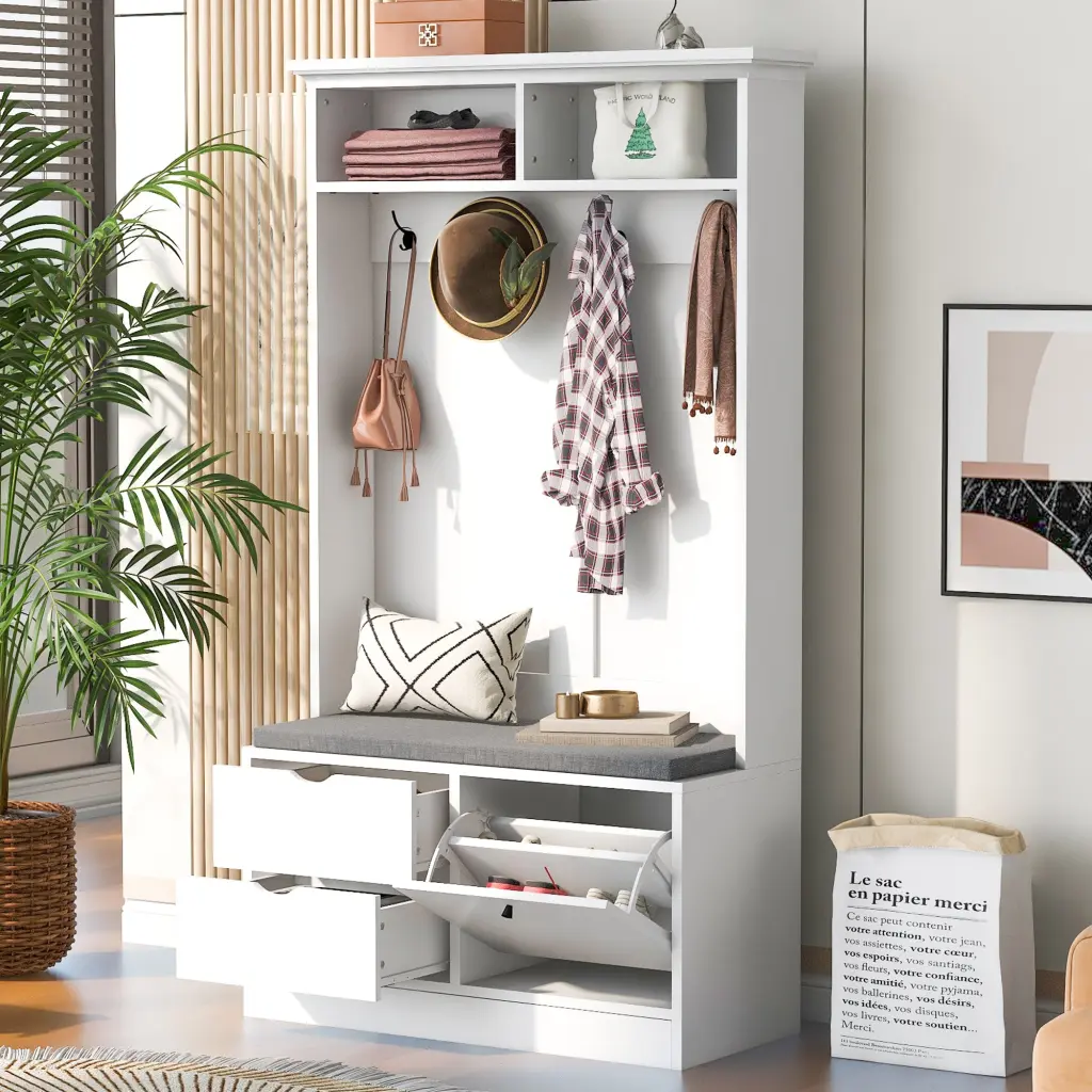 5 1 Entryway Bench Coat Rack Cushion And 4 Robust Hooks 40.6 Inch Storage Bench rnb