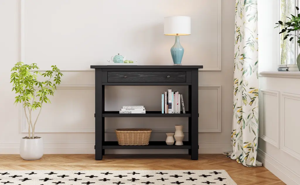 Retro Console Table Drawer and Two Robust Shelves Entryway trexm