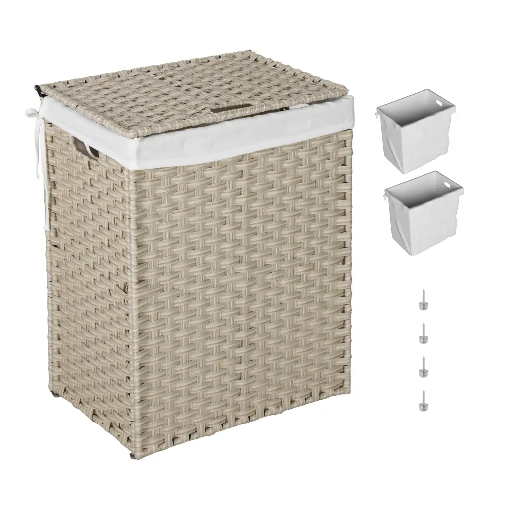 Laundry Hamper Lid PE Rattan Powder Coating Frame Clothes Basket beefurni