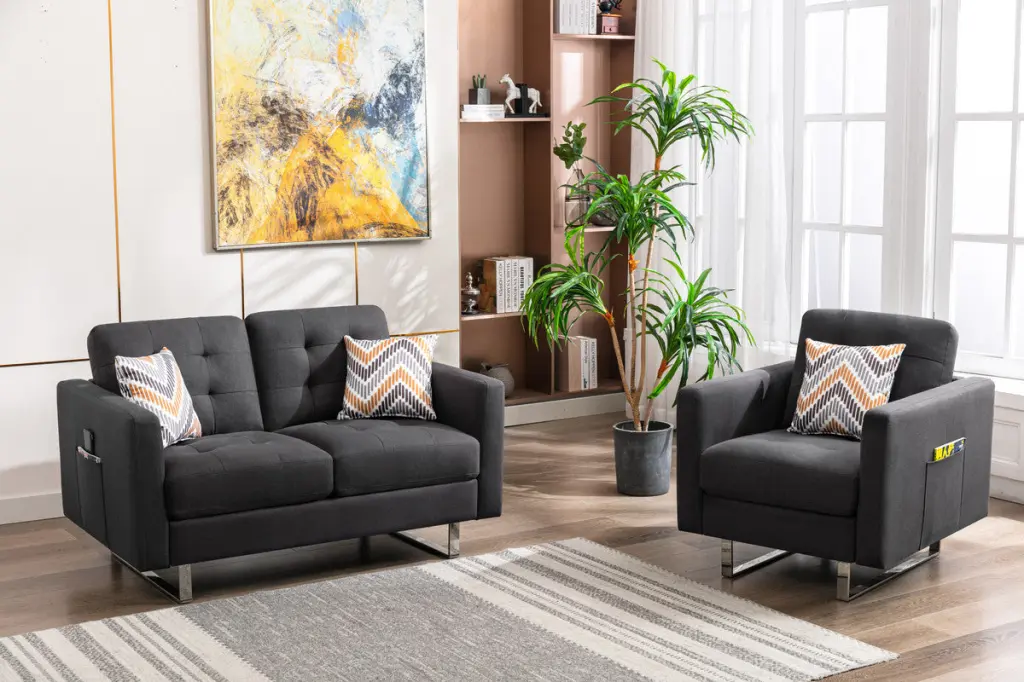 Victoria Dark Gray Linen Fabric Loveseat Chair Living Room Set Metal Frame Comfortable Seating lilola home