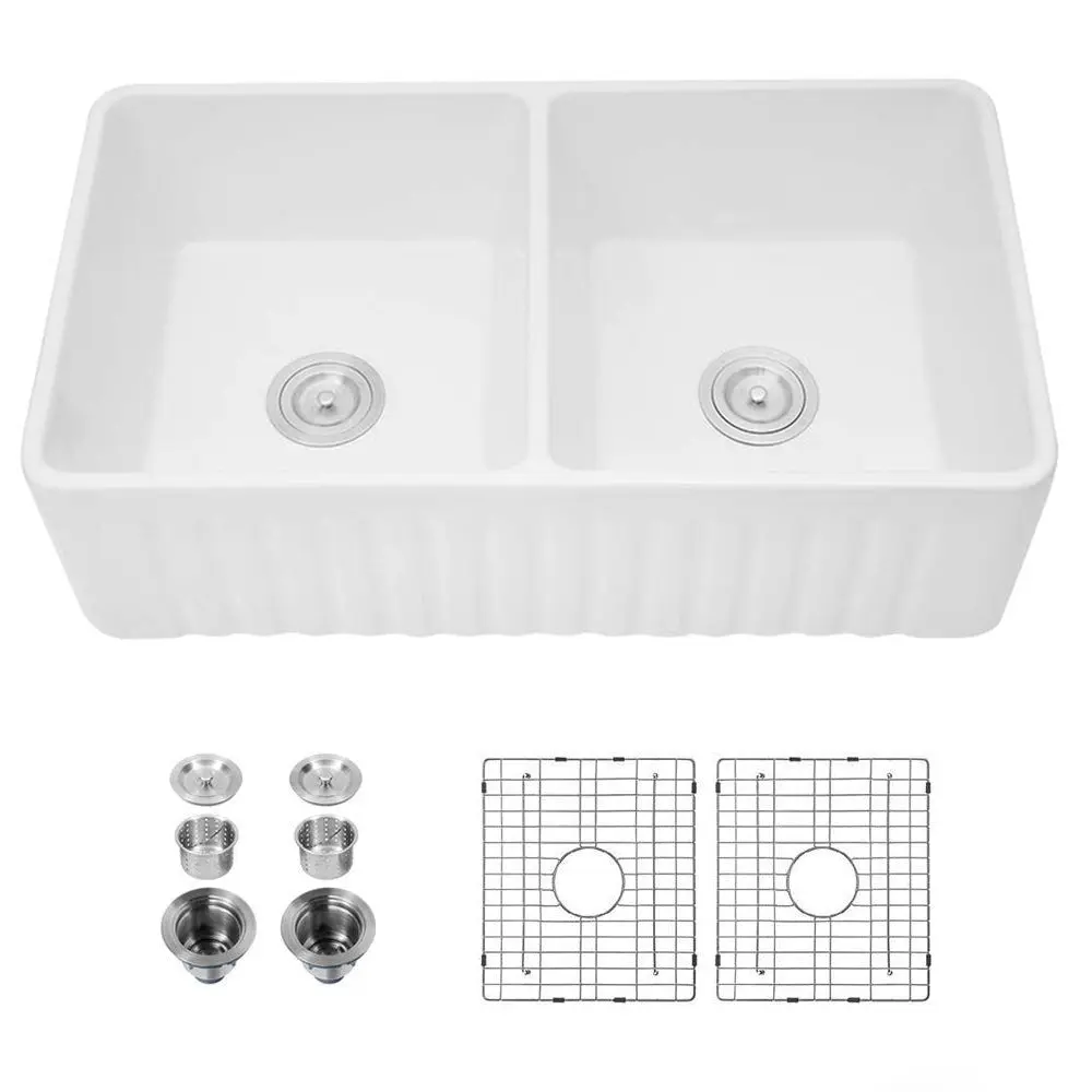Ceramic White 33x18x10 Inch Kitchen Double Basin Farmhouse Sink whale