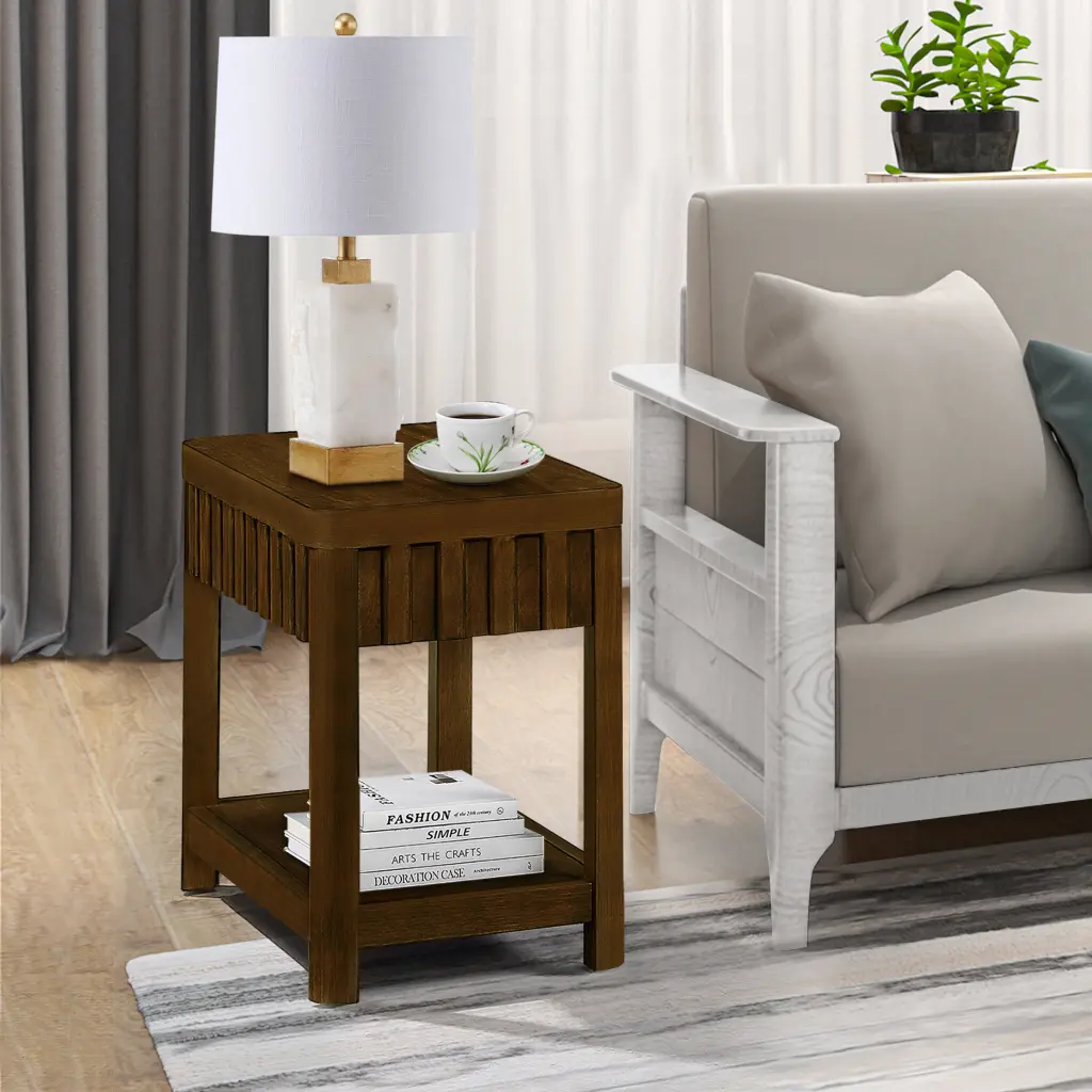 25 Inch Rectangular Farmhouse End Table Storage Shelf Sofa Side Table power growth furniture