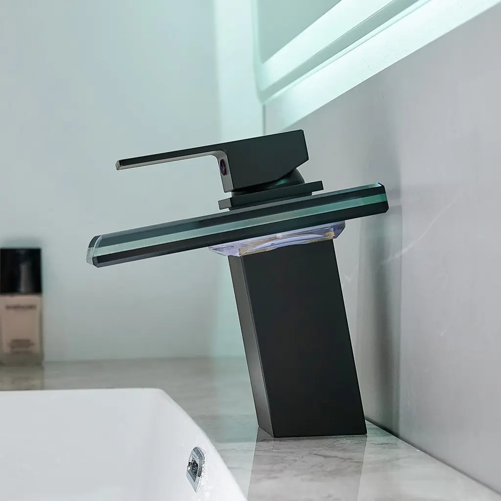 Bathroom Sink Faucet LED Light 3 Colors Changing Waterfall Glass Spout rnb