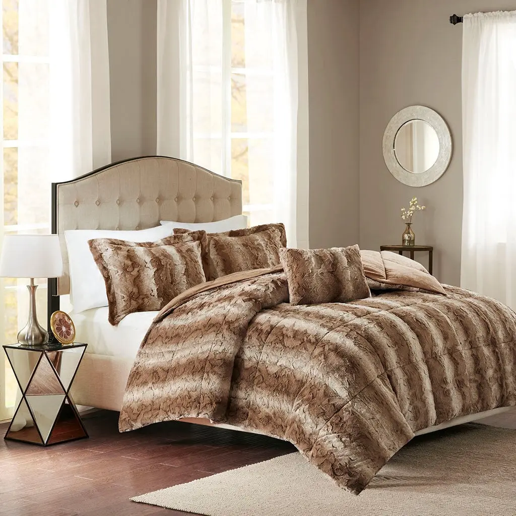 4Pc Faux Fur Easeer Set Queen Brown Polyester jla
