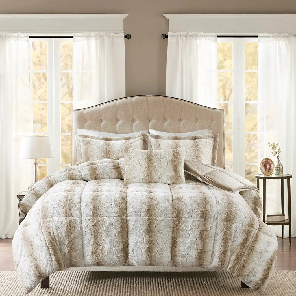 4 Piece Faux Fur Easier Set King Sand Polyester Bedroom Decor jla