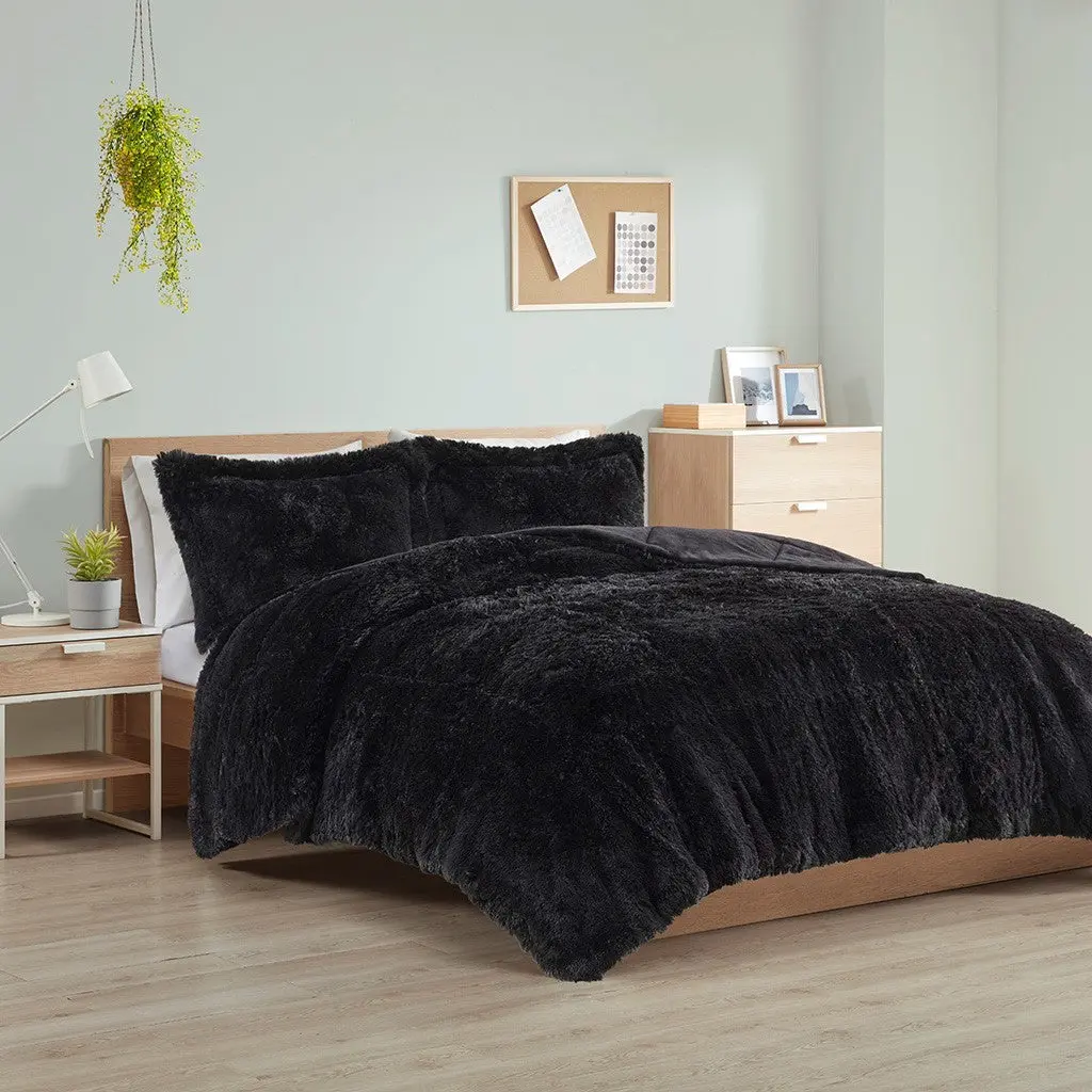 Shaggy Long Fur Easeer Mini Set Queen Black Polyester Bedroom Decor jla