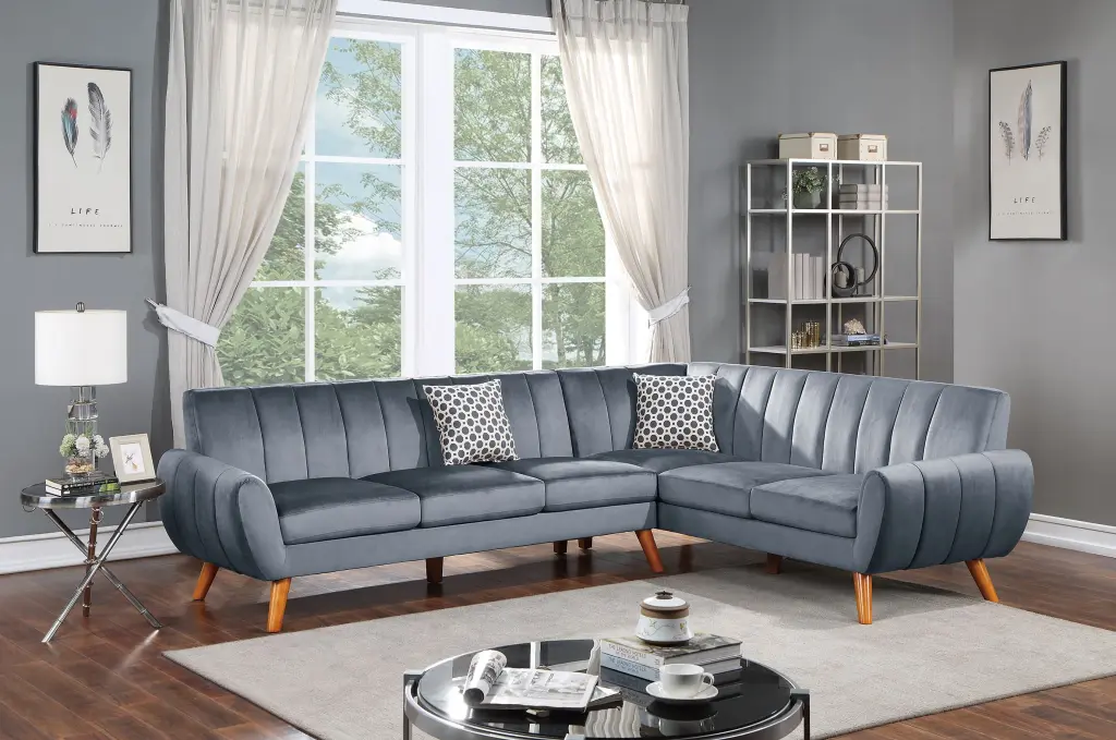 2 Piece Sectional Sofa Black Faux Leather Dark Gray Velvet Accents poundex