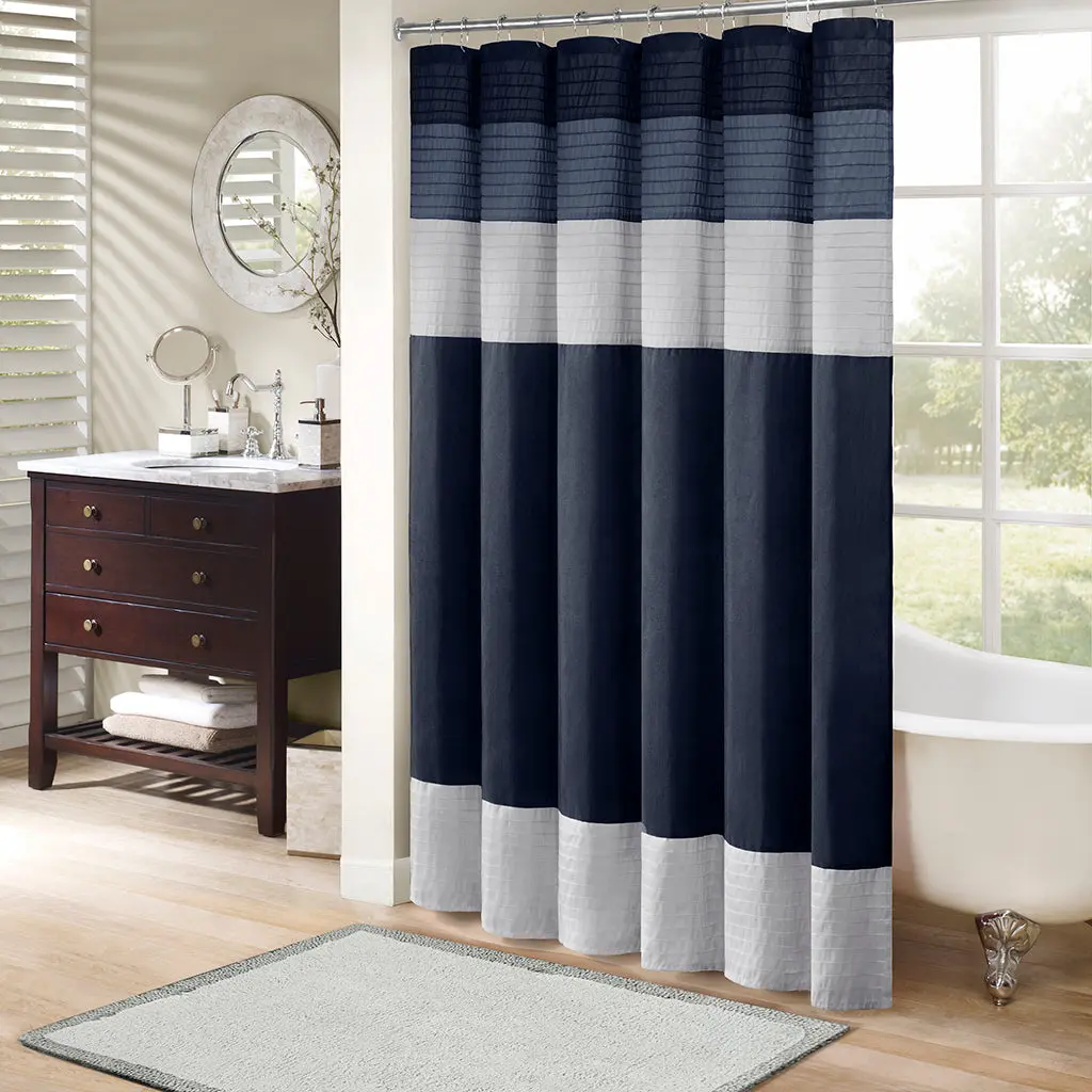 Faux Silk Shower Curtain Navy Polyester Waterproof Bathroom Decor jla