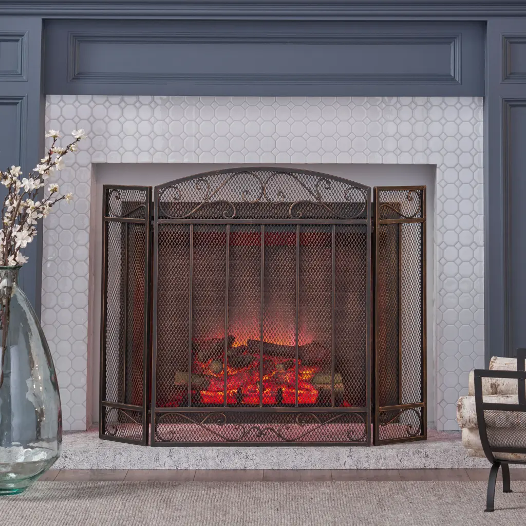 Fire Screen Black Gold Iron Fireplace Guard Spark Protection nh-home living