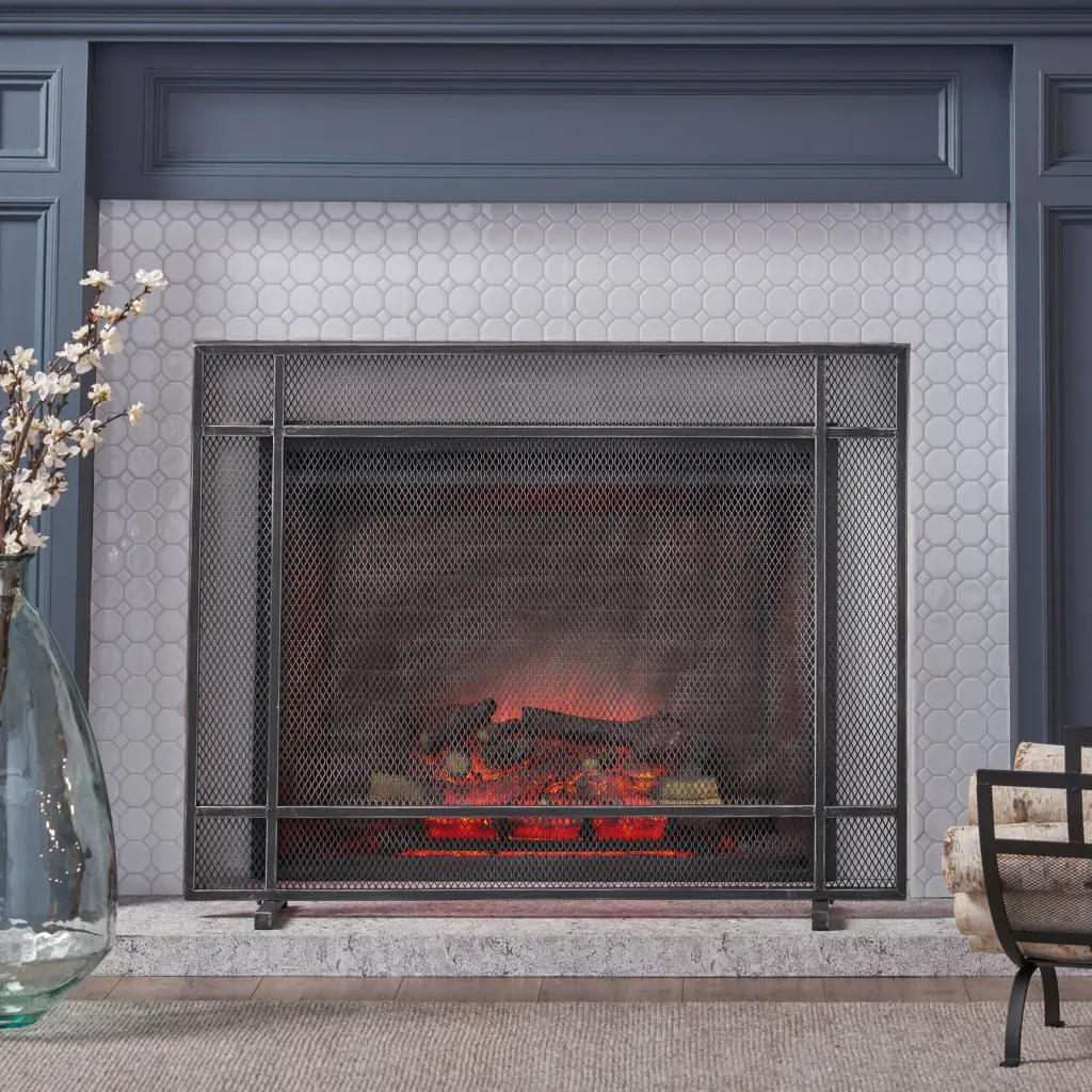 Fire Screen Black Silver Iron Fireplace Guard Spark Protection nh-home living