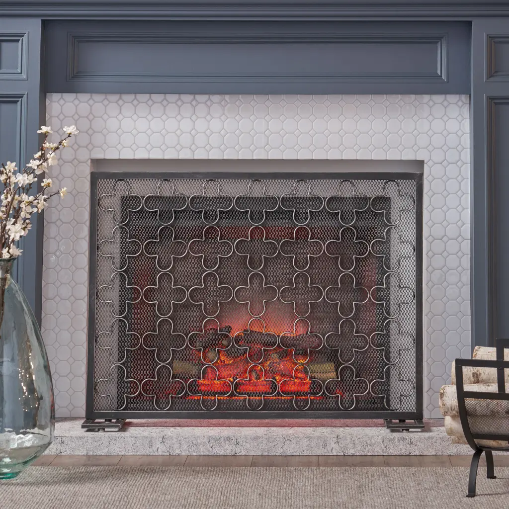 Fire Screen Black Silver Iron Fireplace Accessory nh-home living